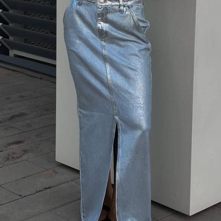 Mid Rise Glossy Denim A-line Split Maxi Skirt