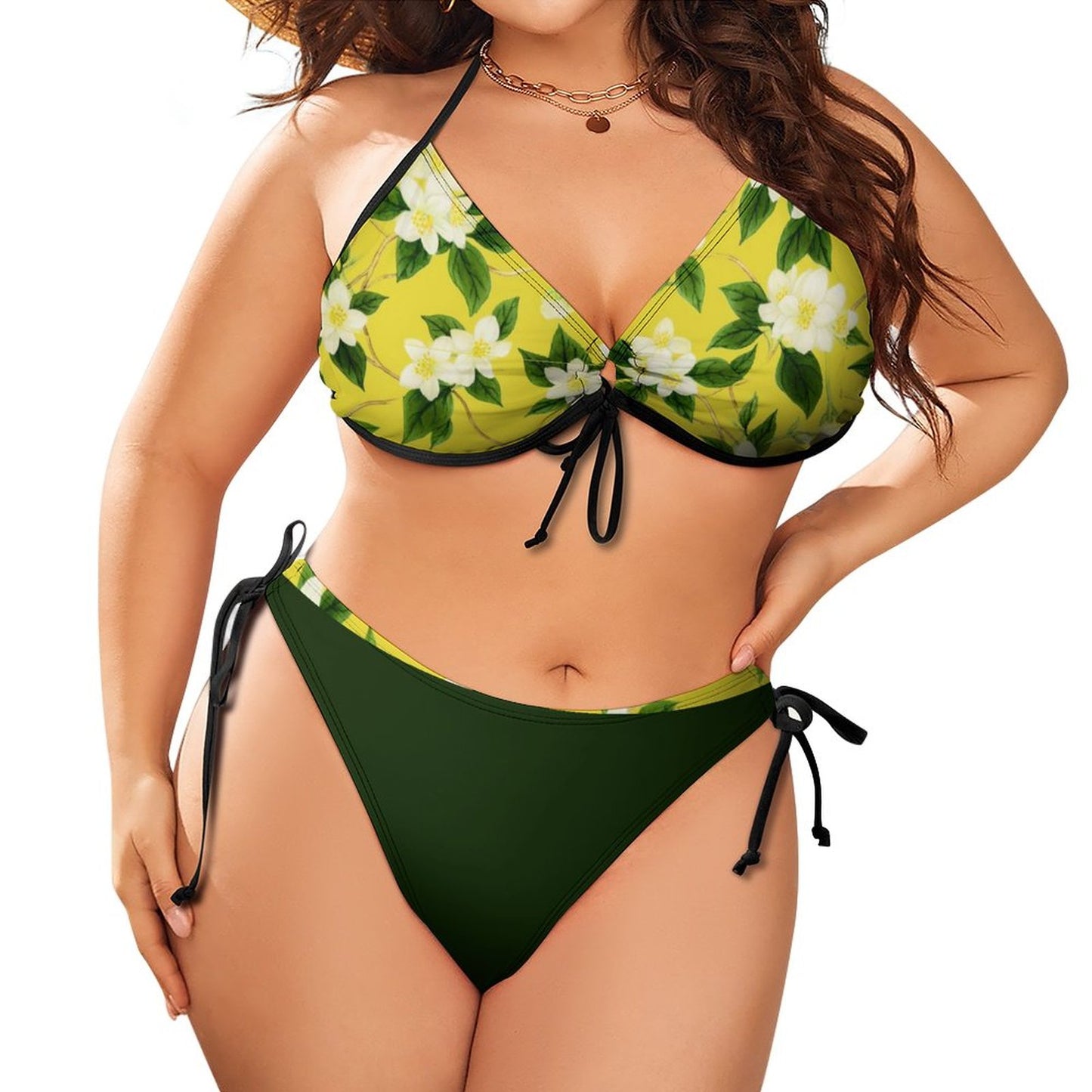 TRP Floral Print 10: Jasmine Vine 01-01 Designer Plus Size Halter Neck Lace-up Bikini