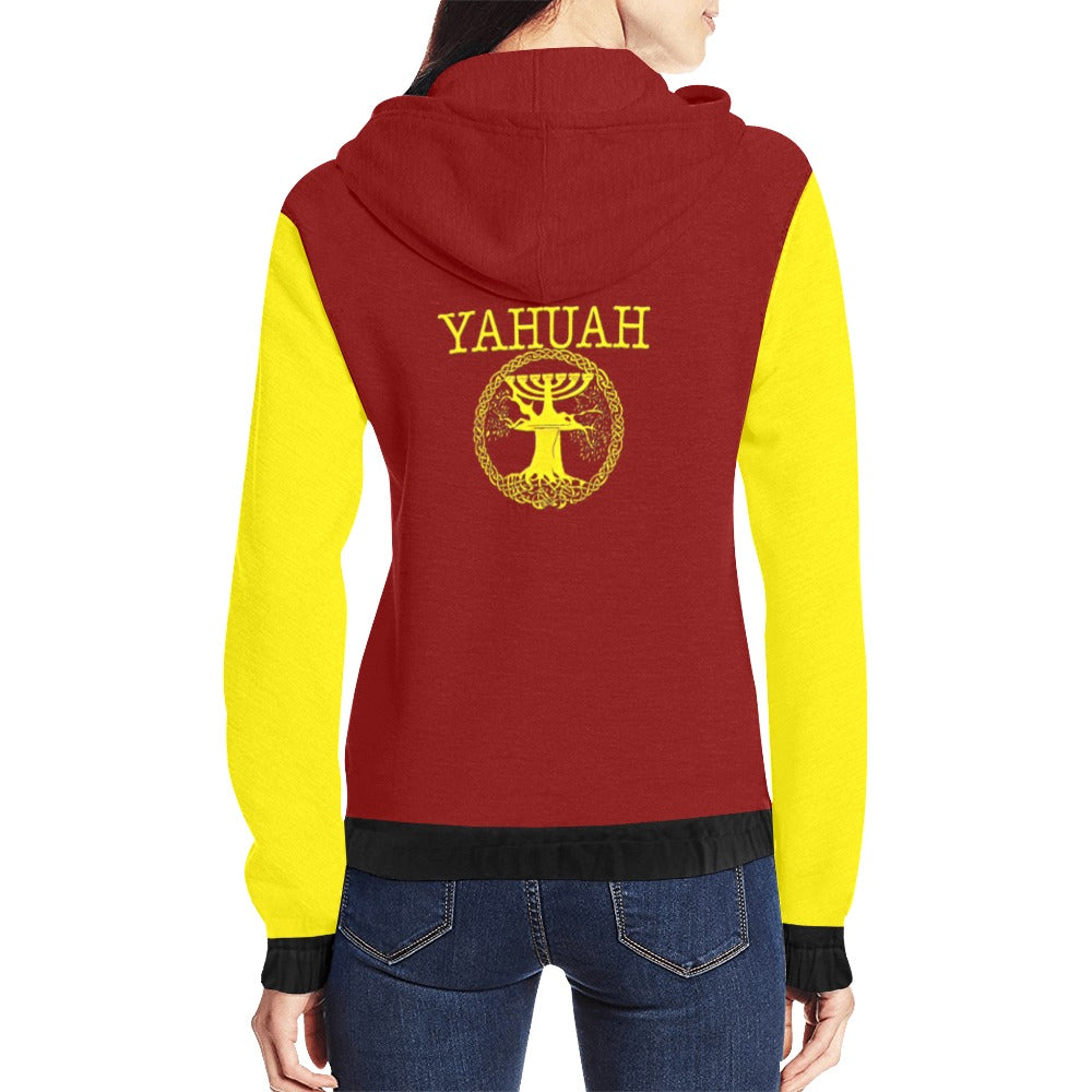 Yahuah-Tree of Life 02-01 Red Ladies Designer Full Zip Hoodie