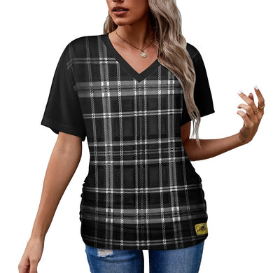 TRP Twisted Patterns 06: Digital Plaid 01-06A Camiseta plisada con cuello en V de diseñador para mujer 