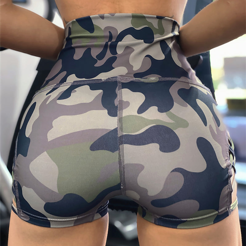 Printed High Waist Yoga Shorts with Side Hollow Design (Camouflage/Leopard Print)