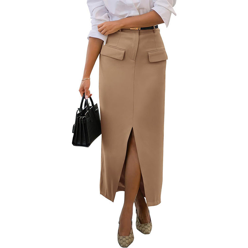 Solid Color Pocket Decor Split Maxi Skirt (7 colors)