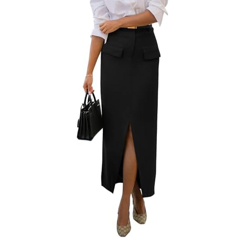 Solid Color Pocket Decor Split Maxi Skirt (7 colors)