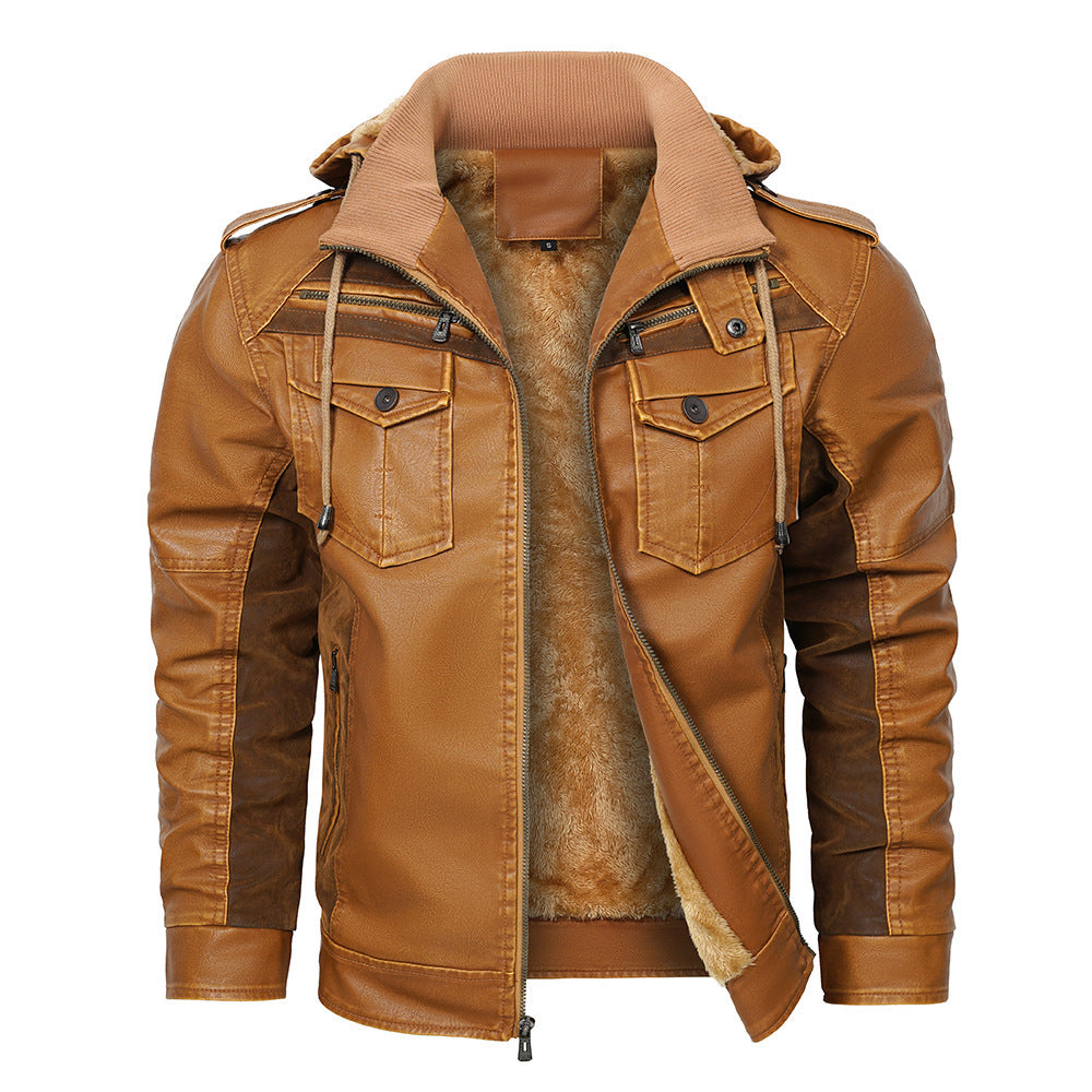 Hooded PU Leather Fleece Lined Male Trucker Jacket (Bronze/Black)