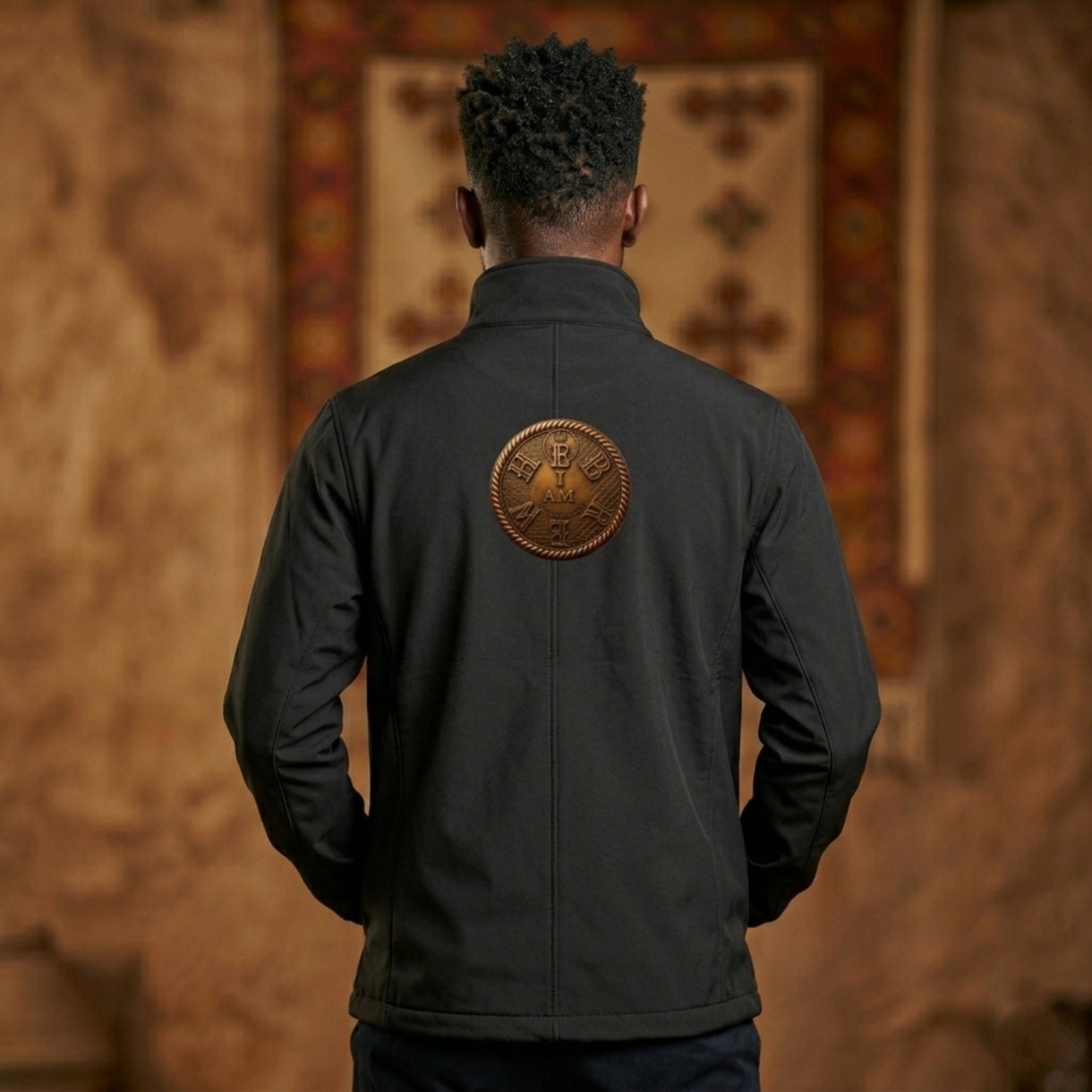 Rear view of a man in a black softshell jacket displaying a large circular "I AM HEBREW" patch on the back.