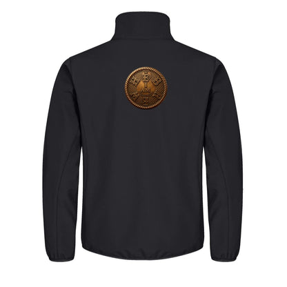 Back view of the black Clique Men's Trail Softshell Jacket featuring a large circular "I AM HEBREW" bronze patch.