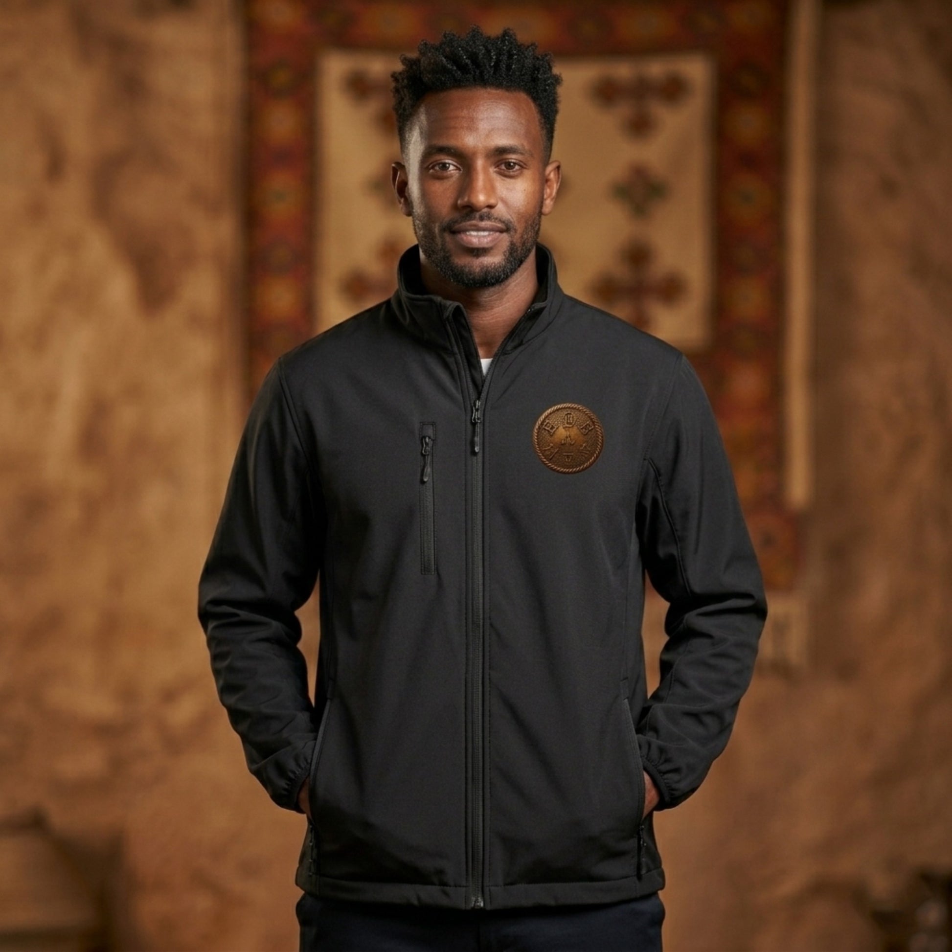 A man wearing a black Clique Men's Trail Softshell Jacket with a bronze chest emblem, posing in a warm, textured studio setting.