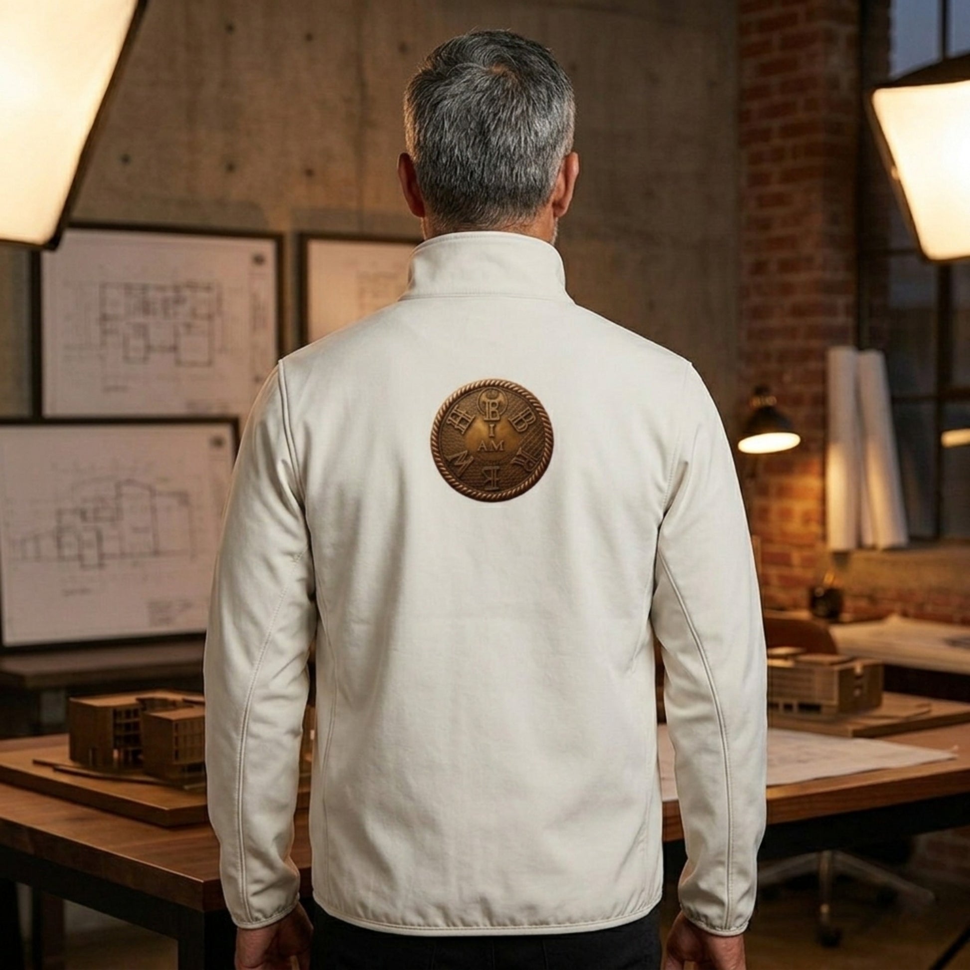 Rear view of a man wearing a white softshell jacket with a large "I AM HEBREW" archival patch centered on the back.