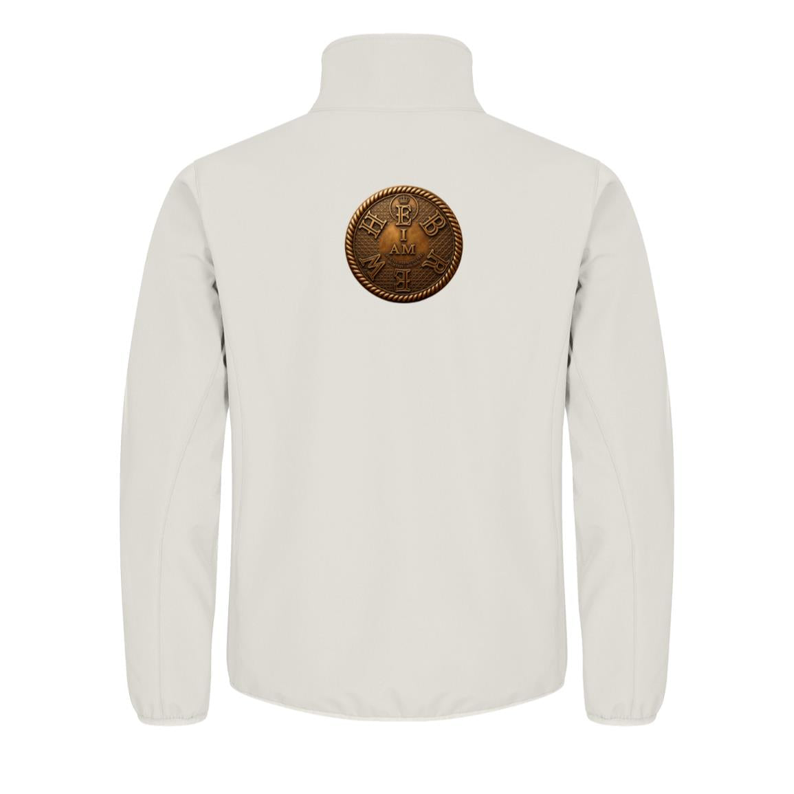 Back view of the white Clique Men's Trail Softshell Jacket featuring a large circular bronze patch centered on the upper back.