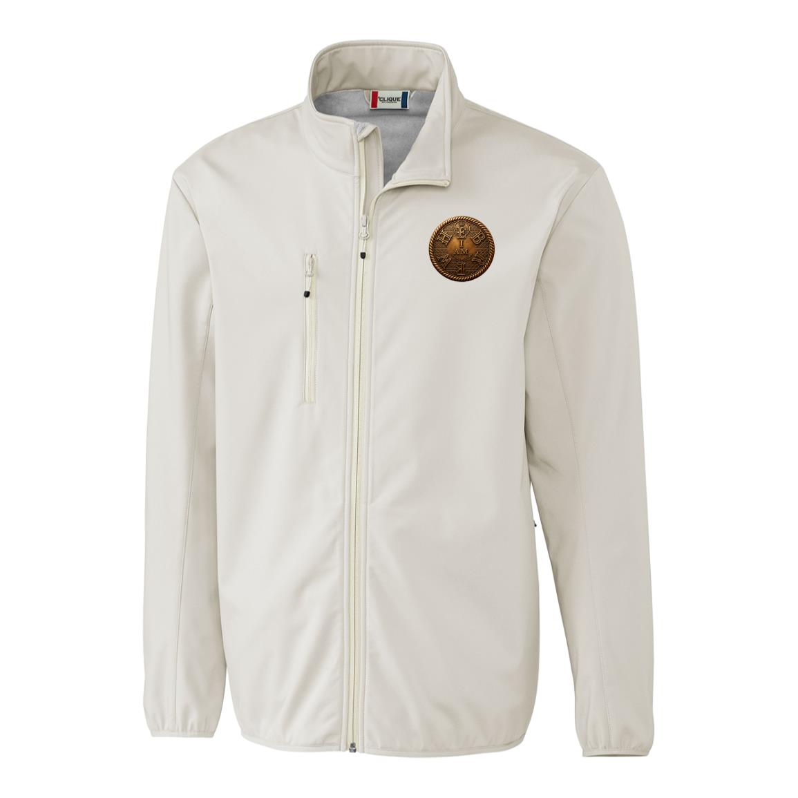 Front view of the white Clique Men's Trail Softshell Jacket with a bronze "I AM HEBREW" emblem on the chest, displayed on a white background.
