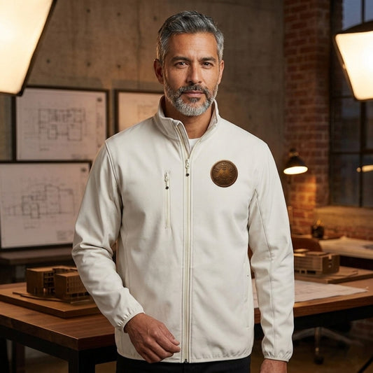 A man in a white Clique Trail Softshell Jacket featuring a circular bronze emblem on the left chest, standing in a professional design studio.