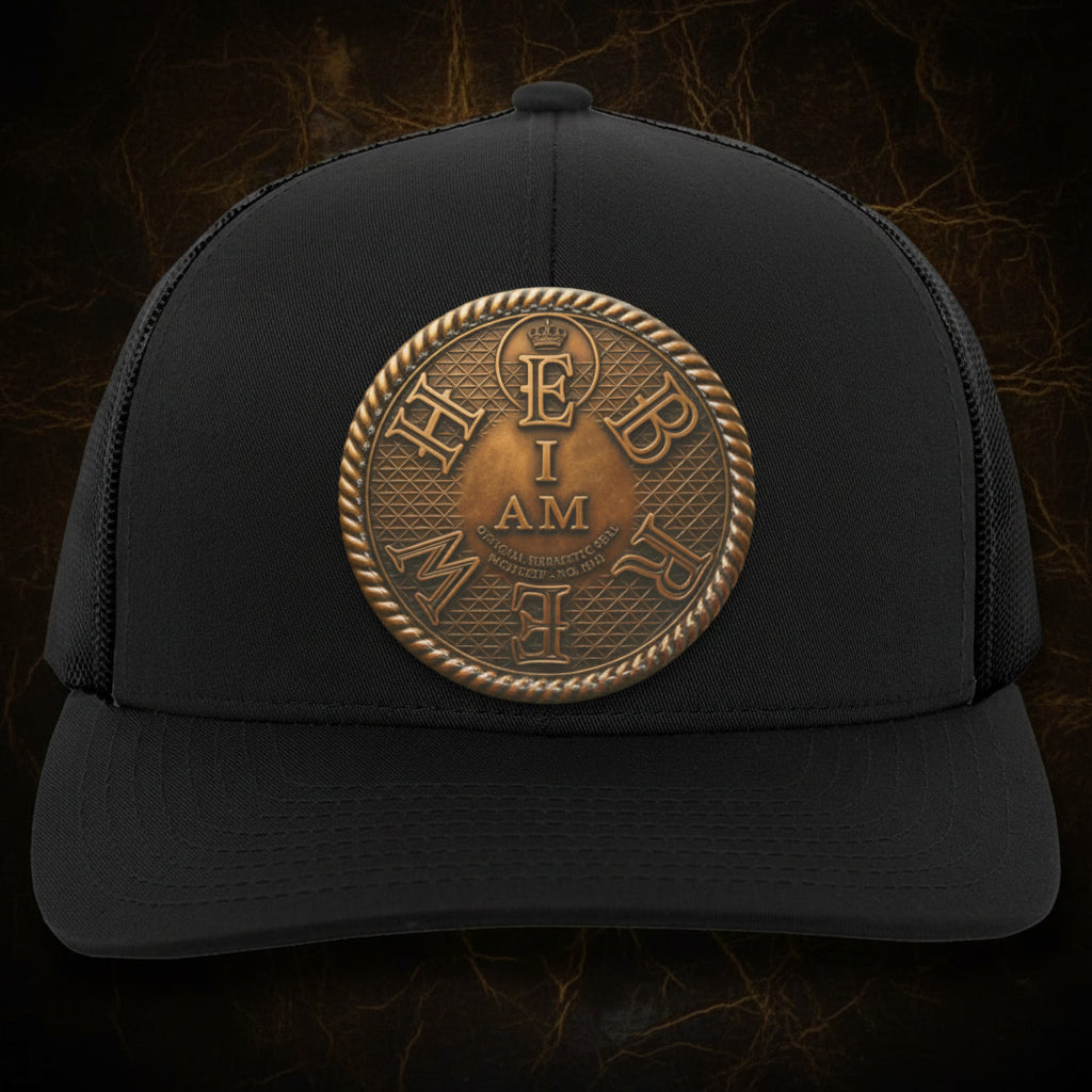 A trucker hat featuring the I AM HEBREW patch is shown from the front against a backdrop of a vintage constellation map, old leather books, and a compass.