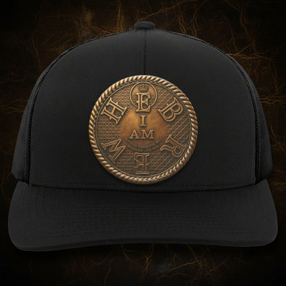 A trucker hat featuring the I AM HEBREW patch is shown from the front against a backdrop of a vintage constellation map, old leather books, and a compass.