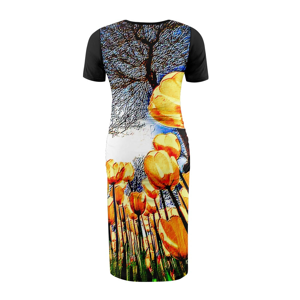 Floral Embosses: Tulip Daydream 01 Designer Maternity Midi T-shirt Dress