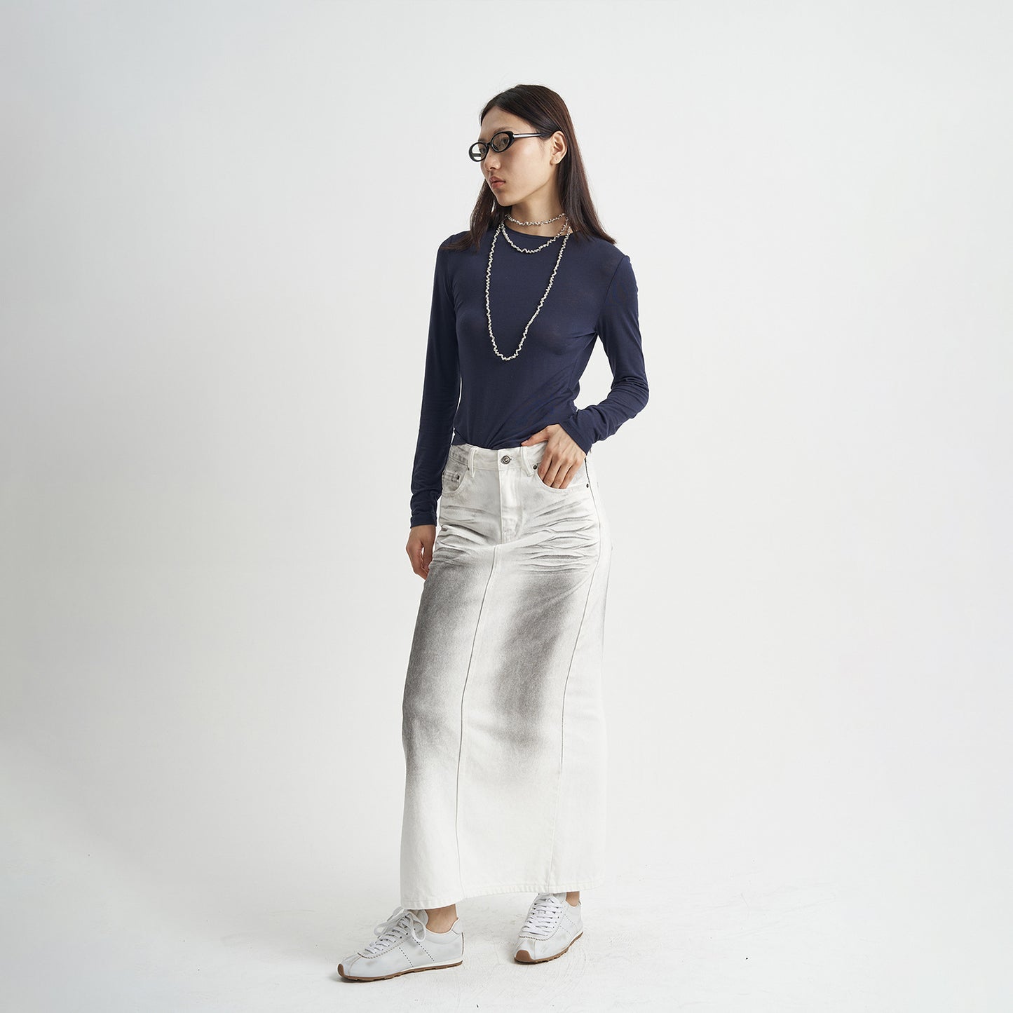 White Gradient Denim Pencil Maxi Skirt