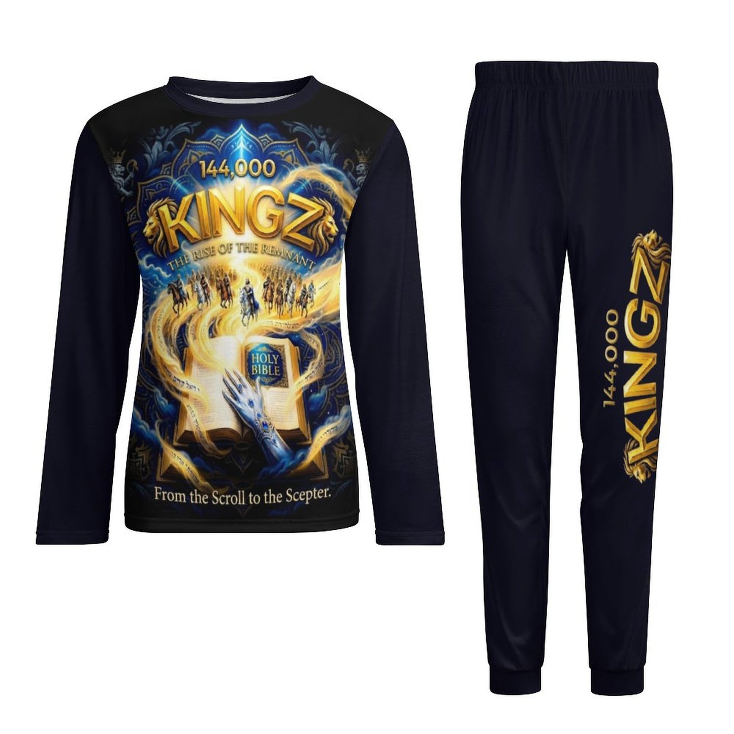 Black long-sleeve shirt and pants set with 'KINGZ' branding and design on a white background
