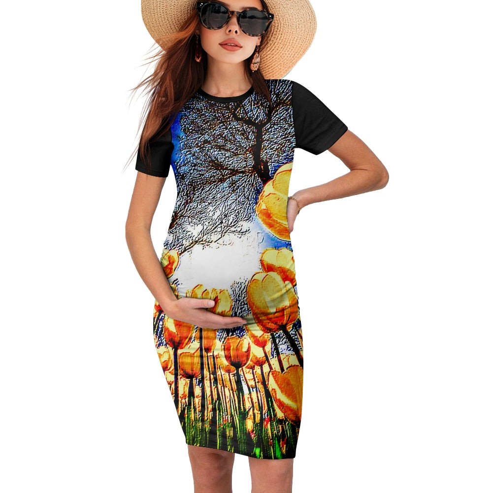 Floral Embosses: Tulip Daydream 01 Designer Maternity Midi T-shirt Dress