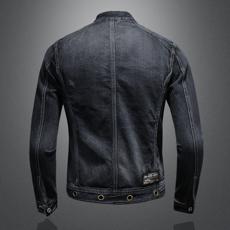 Men's Band Collar Dark Blue Denim Shacket