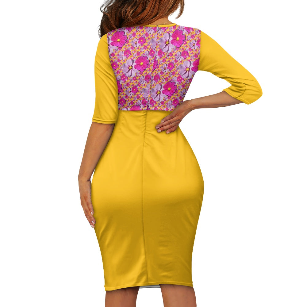 TRP Floral Print 05: Garden Cosmos Designer Ruched 3/4 Sleeve Midi Dress