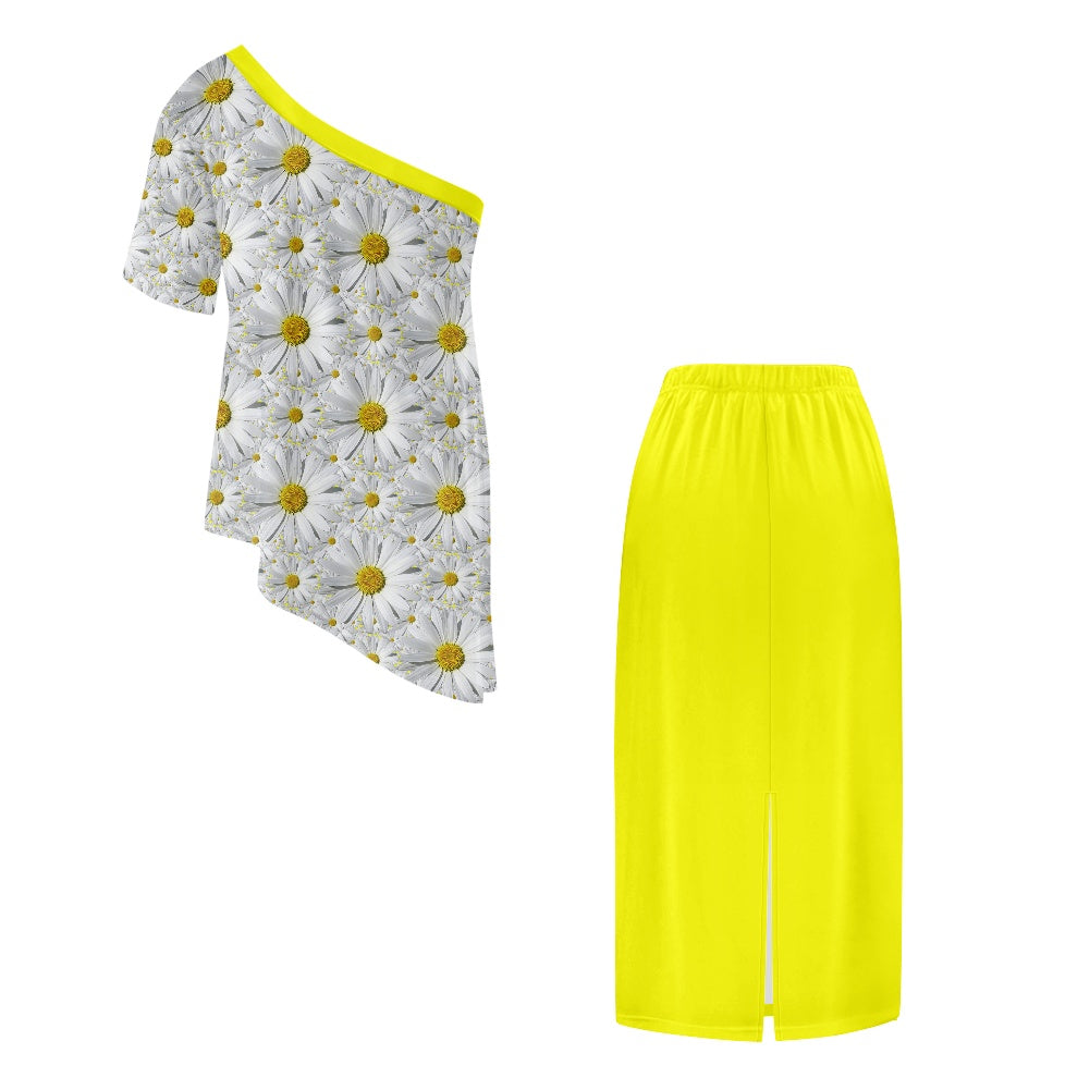 TRP Floral Print 08: English Daisies 01 Designer One-shoulder Two Piece Dress