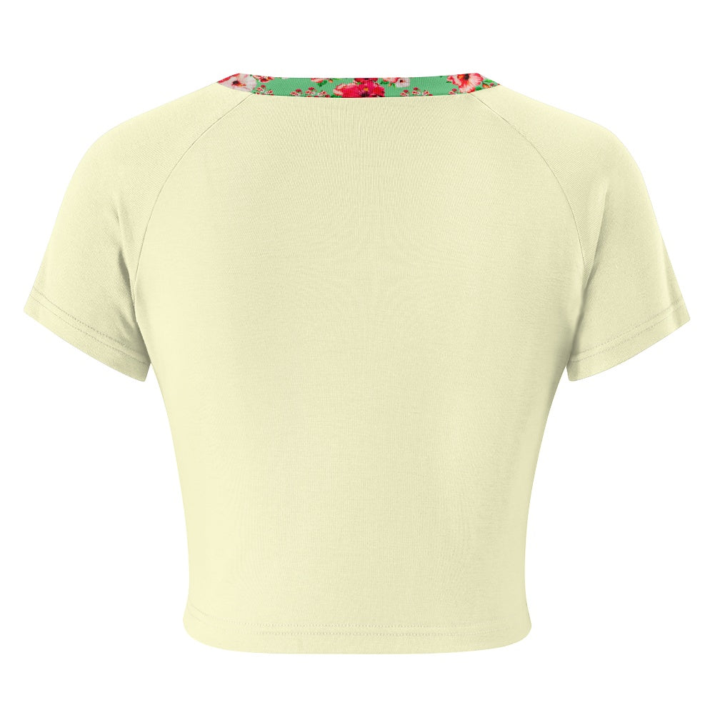 TRP Floral Print 03: Hibiscus Flowers 01-02 Tropical Bloom Fitted Crop Top, Cream