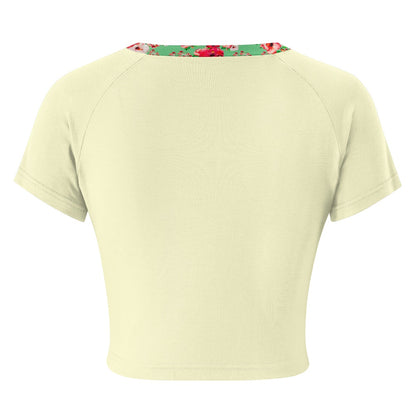 TRP Floral Print 03: Hibiscus Flowers 01-02 Tropical Bloom Fitted Crop Top, Cream