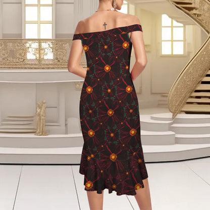 TRP Floral Print 02-02 Midnight Bishop of Aukland Dahlia Off Shoulder Ruffle Hem Bodycon Party Dress