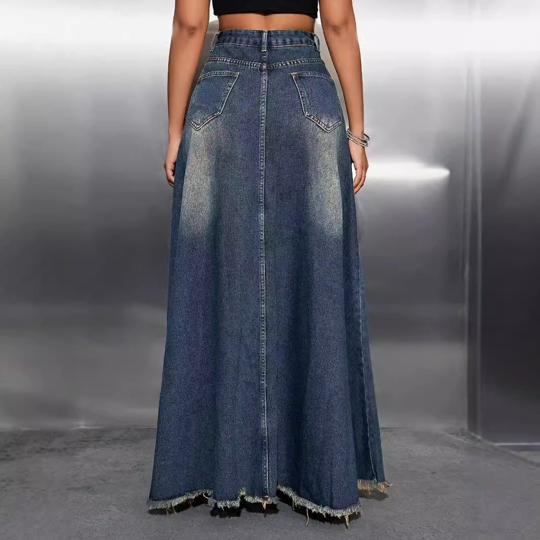 Dark Blue Retro Washed Raw Hem A-line Denim Maxi Skirt