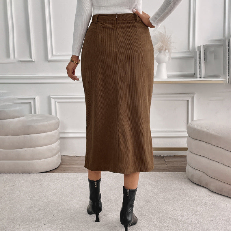 Coffee Brown Retro Temperament Split A-line Corduroy Midi Skirt