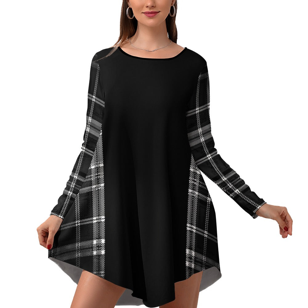 TRP Twisted Patterns 06: Digital Plaid 01-06A Designer Round Neck Long Sleeve Loose Fit Irregular Hem Mini Dress