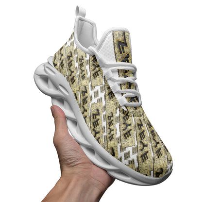 Yahuah Logo 03 - White Mesh Knit Flex Unisex Sneakers (White/Black)