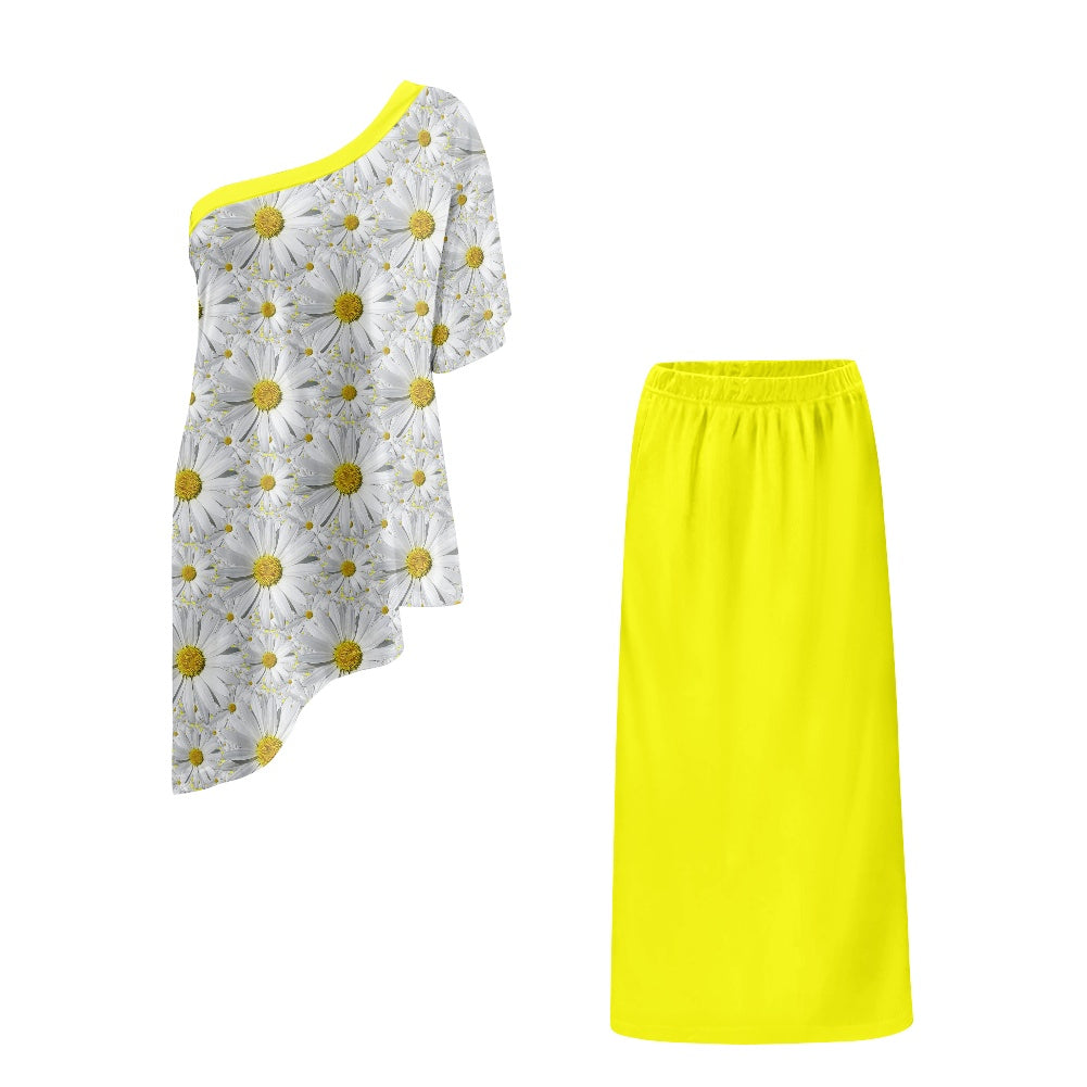 TRP Floral Print 08: English Daisies 01 Designer One-shoulder Two Piece Dress