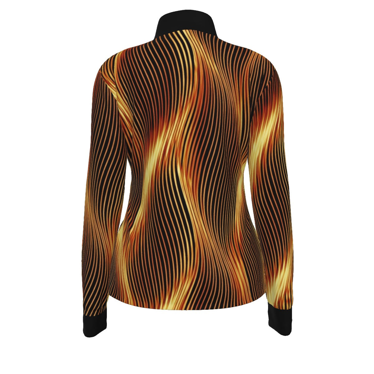 Full back view of a women's track jacket with a vibrant, wavy eternal flame design in orange and black with a solid black collar.