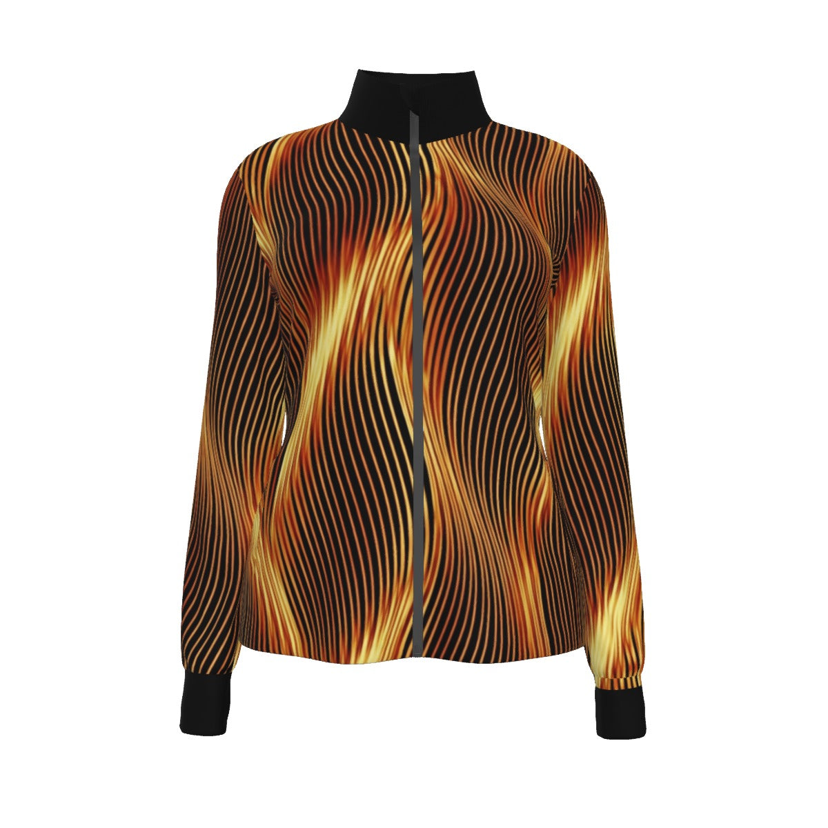 Full front view of a zipped women's track jacket featuring a vibrant, wavy eternal flame pattern in orange, gold, and black.