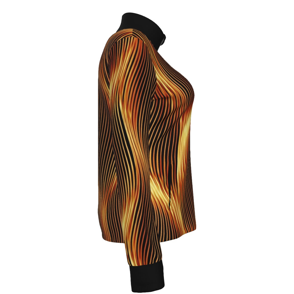 Right side profile of a zipped track jacket with a glowing flame-like abstract pattern, black collar, and wrist cuffs.