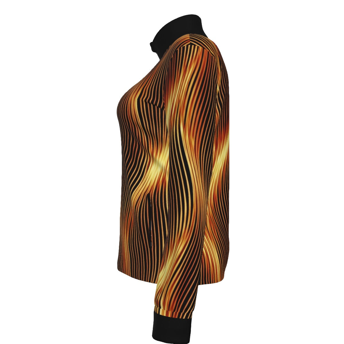 Left side profile of a women's track jacket featuring a fiery vertical wave pattern in orange and black with solid black cuffs.