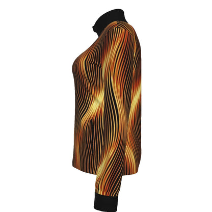 Left side profile of a women's track jacket featuring a fiery vertical wave pattern in orange and black with solid black cuffs.