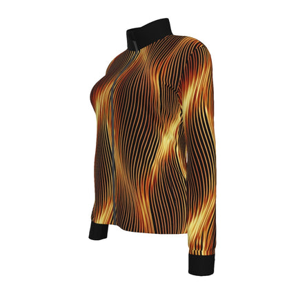 Three-quarter front view of a women's athletic jacket with an abstract fiery orange wave design and black trim.