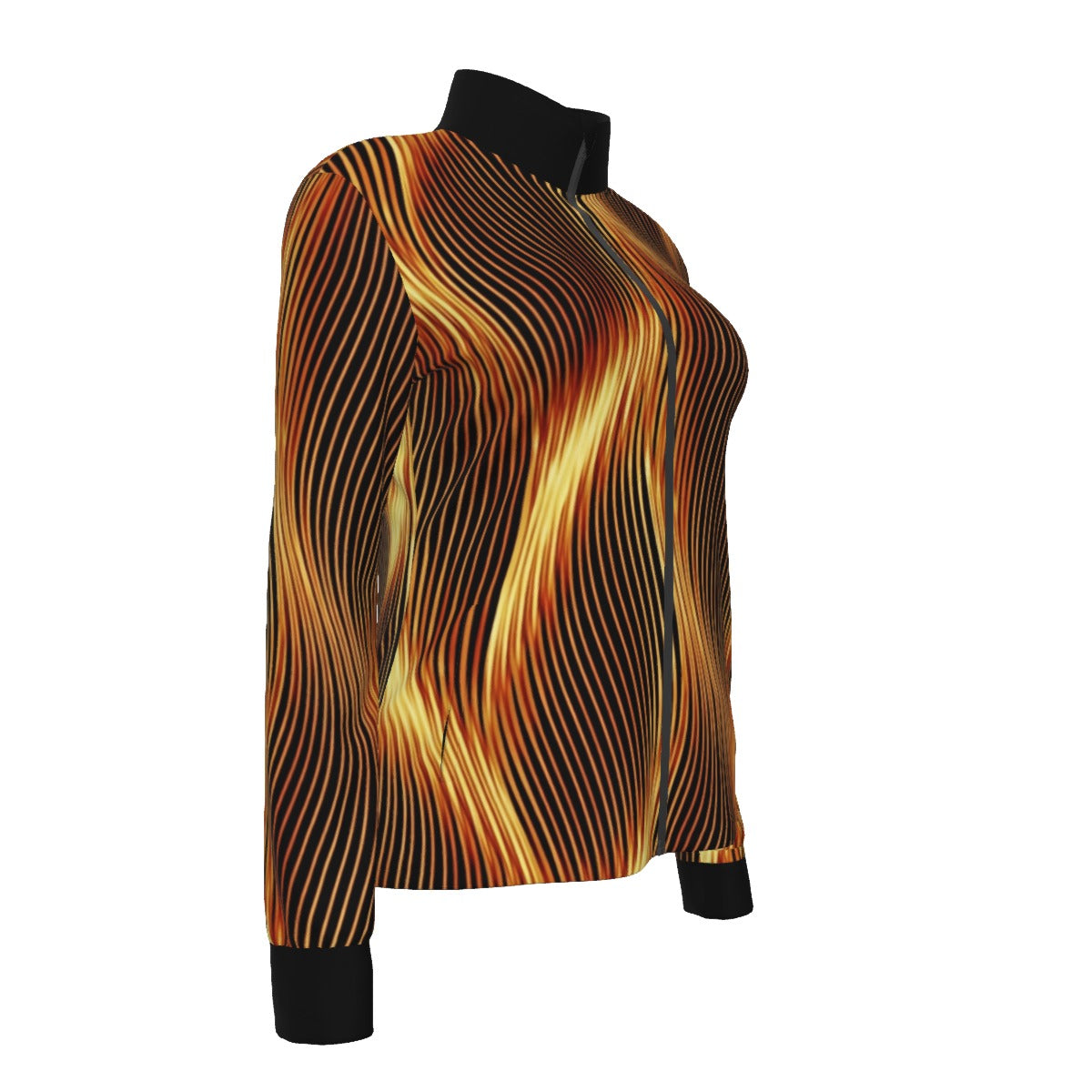 Three-quarter back angle of a high-collar track jacket showing a continuous black, gold, and orange flame graphic pattern.