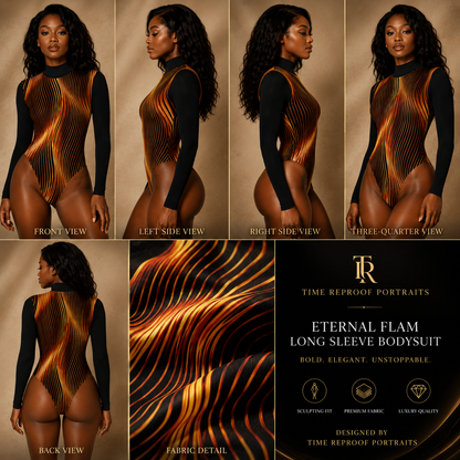 Infographic collage for TimeReproofPortraits showing front, back, side, and fabric detail views of the Eternal Flame bodysuit with product features.