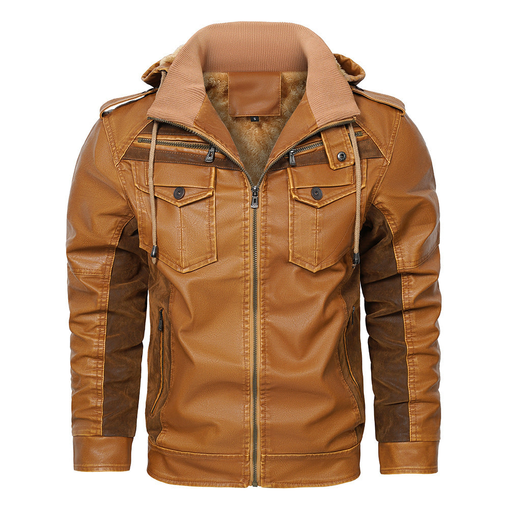 Hooded PU Leather Fleece Lined Male Trucker Jacket (Bronze/Black)