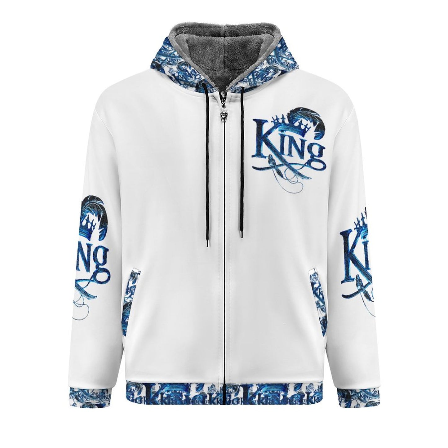 KING 02-01 White Men's Designer Plush Lined Full Zip Hoodie