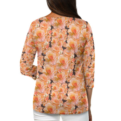 Floral Embosses: Roses 03-02 "Apricot Bloom Essential" Contrast Three-Quarter Sleeve Henley Tunic