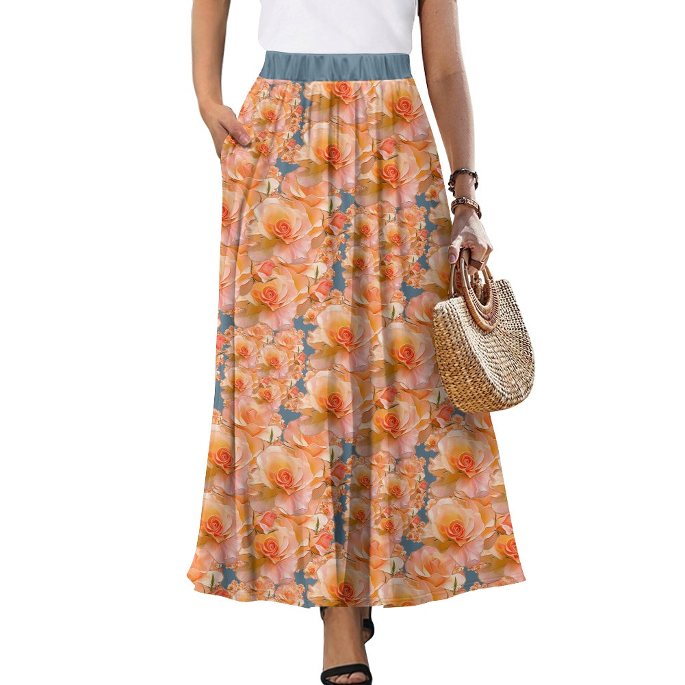 Floral Embosses: Roses 03-01 "Apricot Bloom Essential" Double Pocket A-line Maxi Skirt