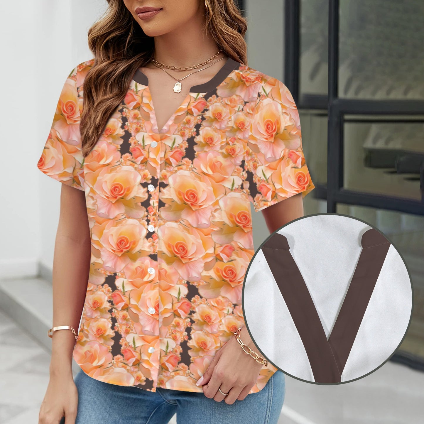 Floral Embosses: Roses 03 -02 "Sunset Rose Elegance" V-neck Button-down Shirt