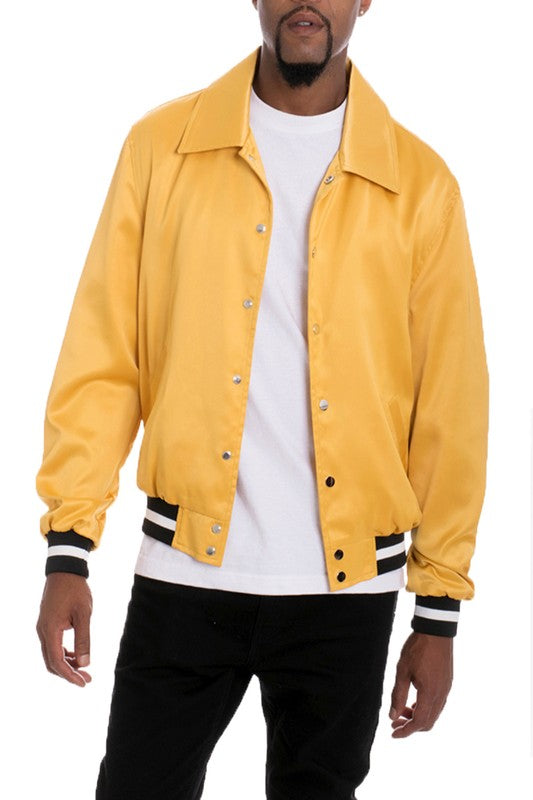 Solid Color Satin Lapel Collar Varsity Jacket (4 colors)