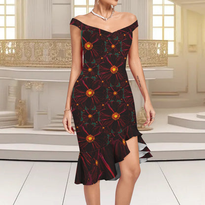 TRP Floral Print 02-02 Midnight Bishop of Aukland Dahlia Off Shoulder Ruffle Hem Bodycon Party Dress