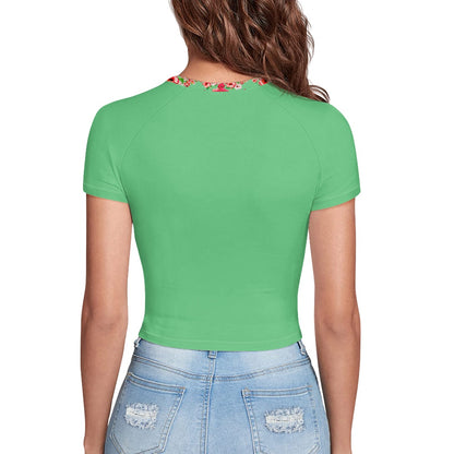 TRP Floral Print 03: Hibiscus Flowers 01-02 Tropical Bloom Fitted Crop Top, EmeraldGreen