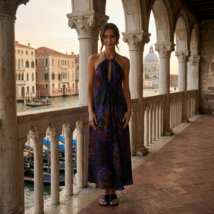 A model standing under stone archways in Venice wearing the Floral Embosses (01) silk satin halterneck backless dress in a deep nocturnal floral print.