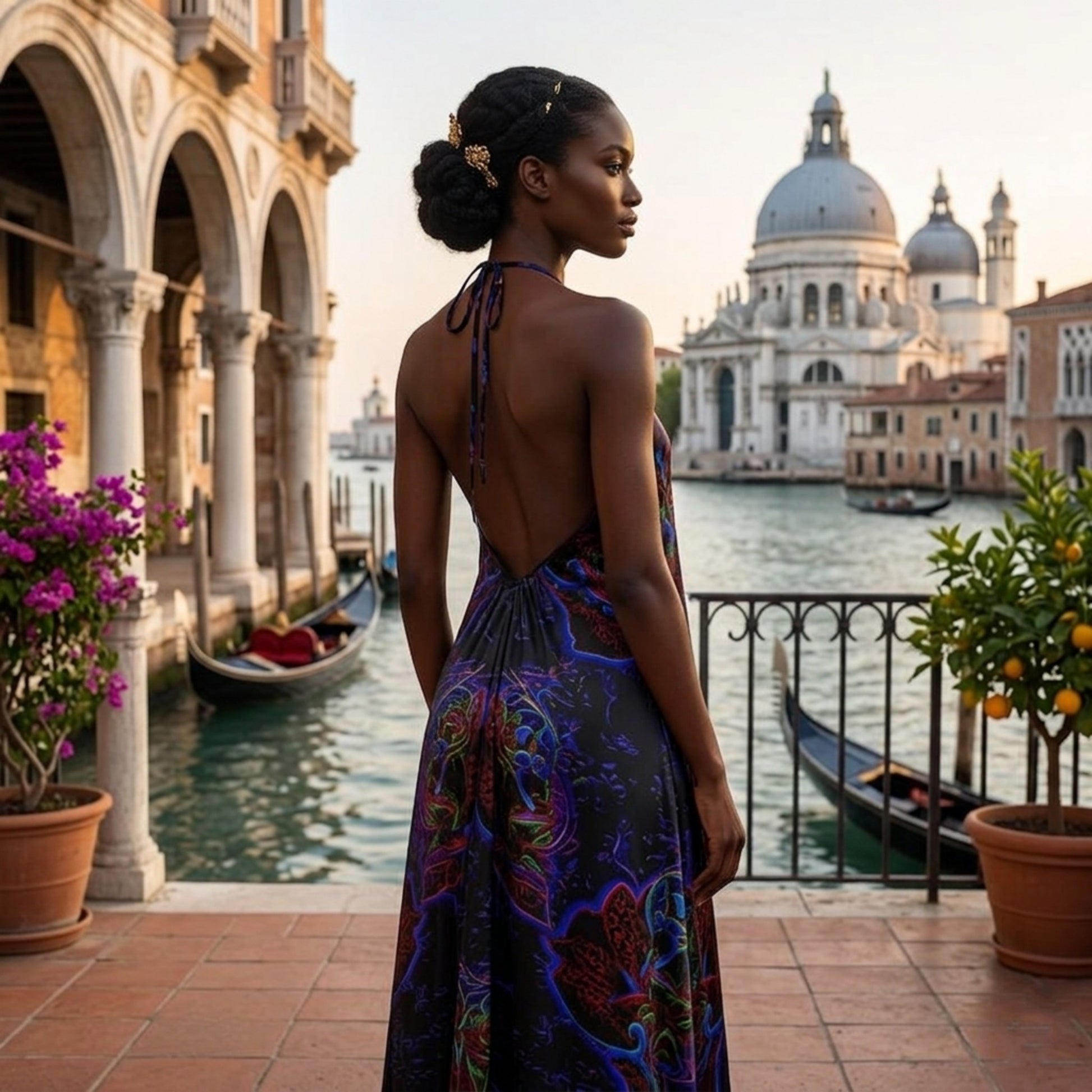 Back view of the Nocturnal Sanctuary silk satin dress showing the elegant backless design and halterneck tie with the Venice skyline in the background.
